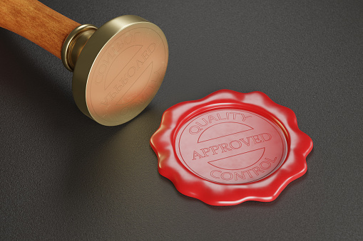 Approved quality control wax seal and a sealing wax wooden stamper. 3d illustration.