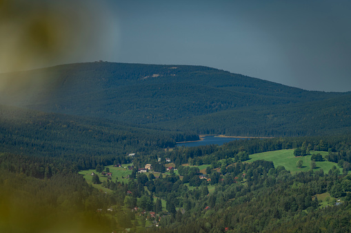 Summer view near Stepanka lookout tower in hot fresh Jizerske mountains