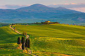 Spring landscape with pathway in the hills of Val d'Orcia