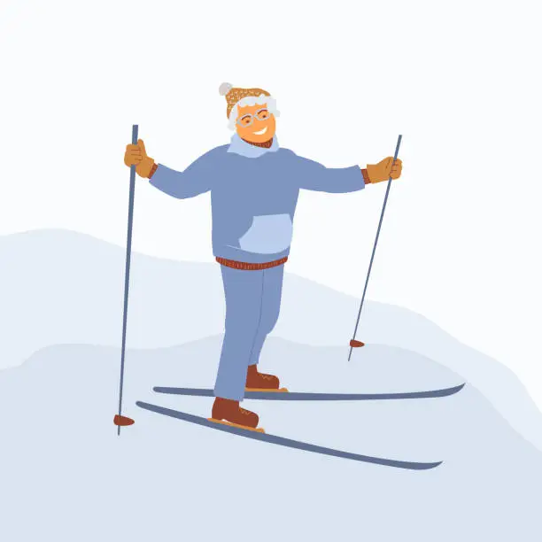 Vector illustration of Older woman skiing. Elderly female winter activity.Vector illustration