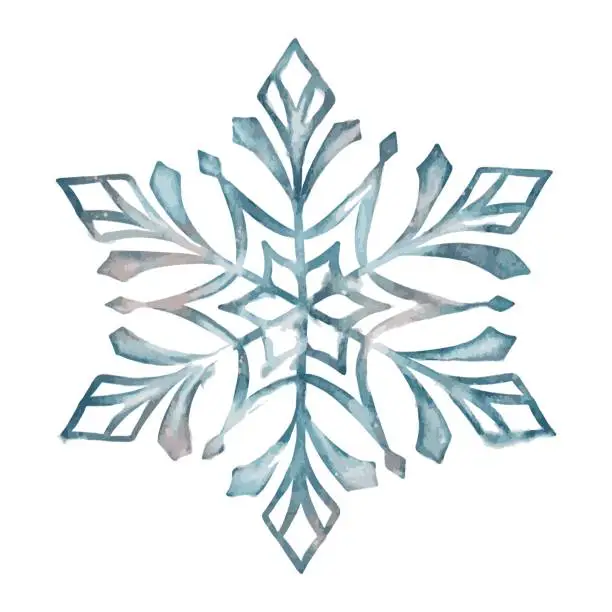 Vector illustration of Hand drawn artistic blue snowflake with watercolor paper texture.