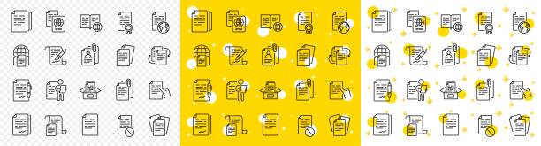 Documents line icons. Copy files, Contract agreement, Passport. Certificate doc. Vector Copy files, Contract agreement, Passport. Documents line icons. CV interview, documents workflow, attachment clip icons. Change files, wrong document, bureaucracy and contract signature. Vector bureaucracy stock illustrations