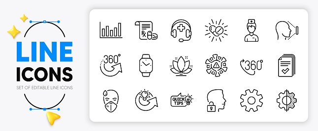 Service, Smartwatch and Education idea line icons set for app include Coronavirus, Lotus, Doctor outline thin icon. Transform, 360 degrees, Handout pictogram icon. 360 degree. Vector