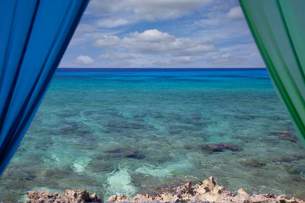 Tropical view of the Caribbean Sea, through a open window, with coral coastline.
