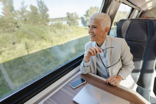 istock Mature businesswoman enjoying train ride 1676710052