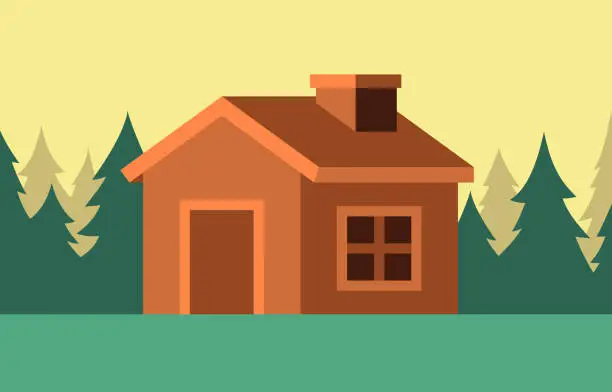 Vector illustration of Cabin House Forest Wilderness Pine Trees Background Design Element