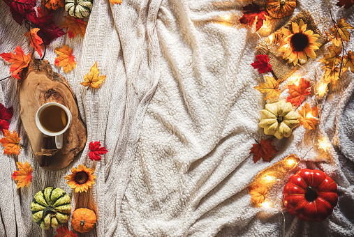 Decorated autumn background with leaves and pumpkins. Free space for text. Cozy home concept