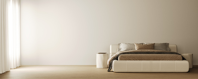3D rendering and inspirational image with gentle brown, beige bed. Wooden floor and bright window on the left.