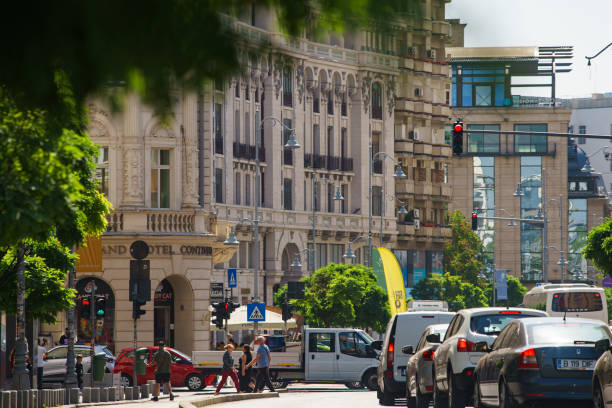 Victory Avenue near Grand Hotel Continental, Bucharest, Romania stock photo