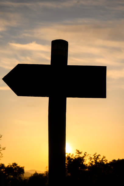 istock Direction indicator sign with arrow backlit silhouette with orange sky at sunset vertical 1676759158