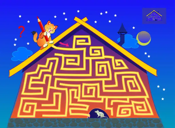 Vector illustration of Logic puzzle game with labyrinth for children and adults. Help the cat find the path to the mouse. Worksheet for kids brain teaser book. Play online. Cartoon vector illustration. Maze for kids.