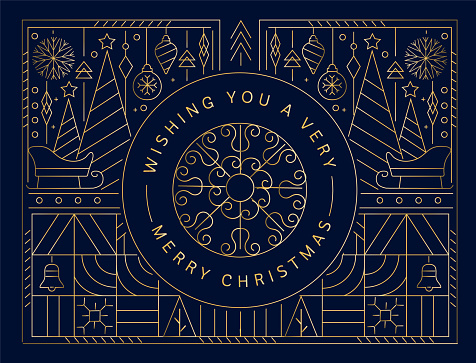 Vector illustration of a Wishing you a very Merry Christmas, Holiday gold geometric design with elegant icons in line art style. Fully editable and customizable vector eps and high resolution jpg in download.