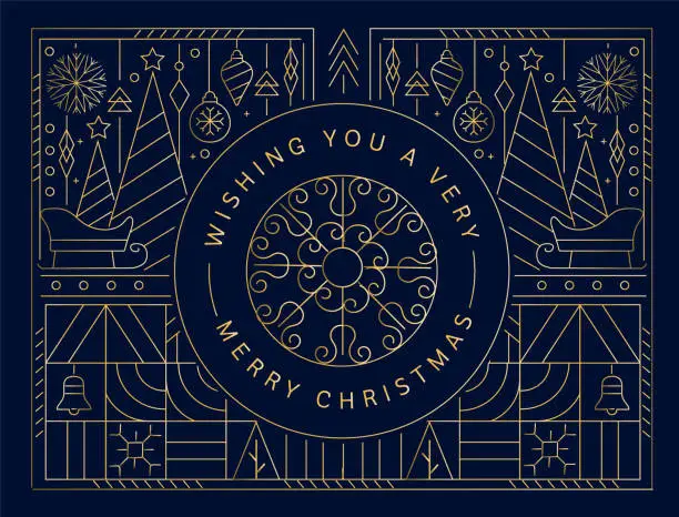 Vector illustration of Wishing you a very Merry Christmas, Holiday gold geometric design with elegant icons in line art style