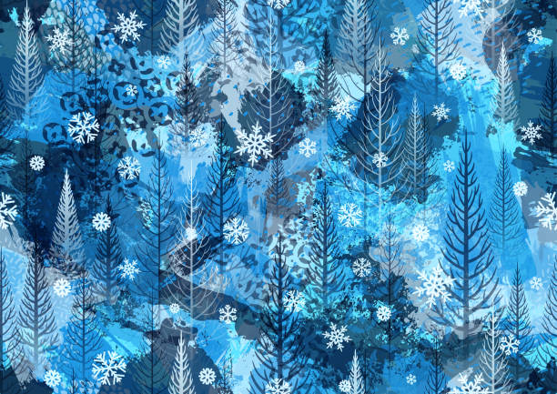 бесшовный синий зимний лес гранж-картина фон - pine tree brush stroke winter snow stock illustrations