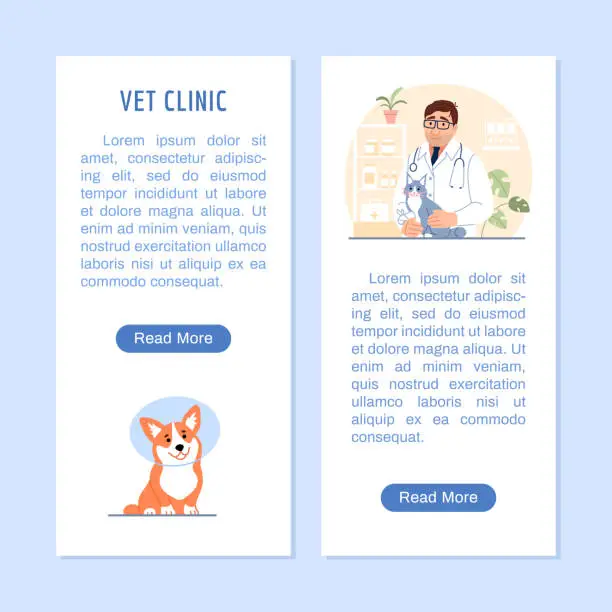 Vector illustration of Vet clinic flyer or vertical banner with copy space, button, Welsh corgi in pet cone. Young male veterinarian holding cute cat on pet hospital background. Flat line dog medicine vector illustration