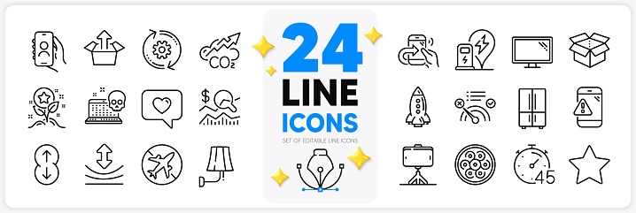 Icons set of Resilience, Selfie stick and Send box line icons pack for app with Monitor, Scroll down, Cyber attack thin outline icon. Airplane mode, Share call, Rocket pictogram. Vector