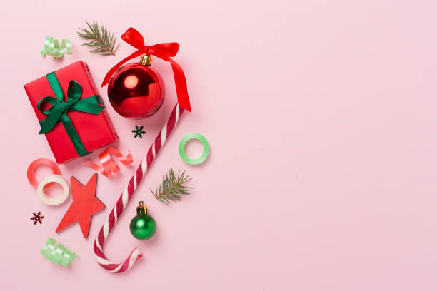 istock Christmas flat lay composition on color background, top view 1676825495