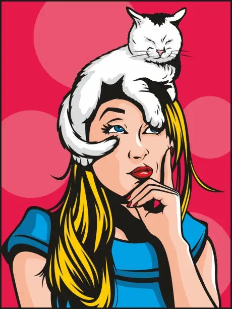 Vector illustration of Girl With Cat On Her Head