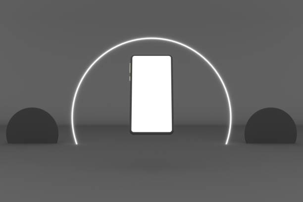 istock 3d smartphone white color screen with background gray color with ring circle neon white color . 3d illustration rendering 1676847217