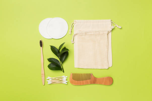 istock Flat lay with natural biodegradable accessories on color background, top view 1676855103