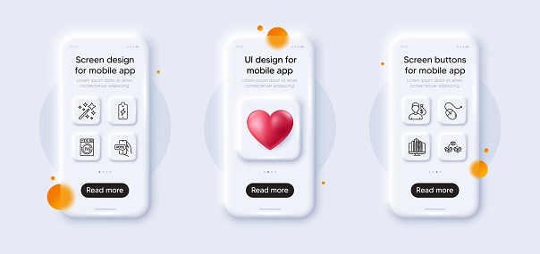 Online voting, Enterprise and Dryer machine line icons pack. 3d phone mockups with heart. Glass smartphone screen. Salary, Computer mouse, Parcel shipping web icon. Vector