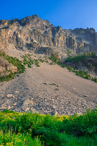 Large cliffs and rockfall above Little Strawberry Lake in the the Strawberry Mountain Wilderness of Central Oregon.