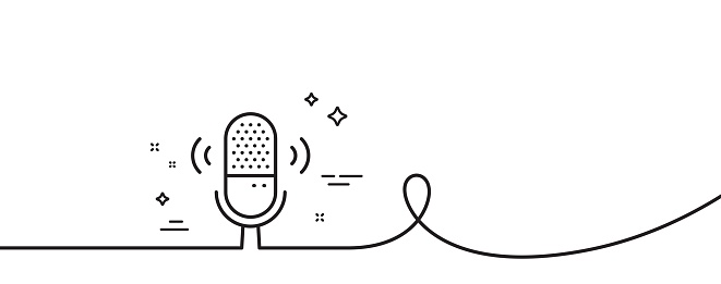 Microphone line icon. Continuous one line with curl. Studio mic sign. Voice record device symbol. Microphone single outline ribbon. Loop curve pattern. Vector