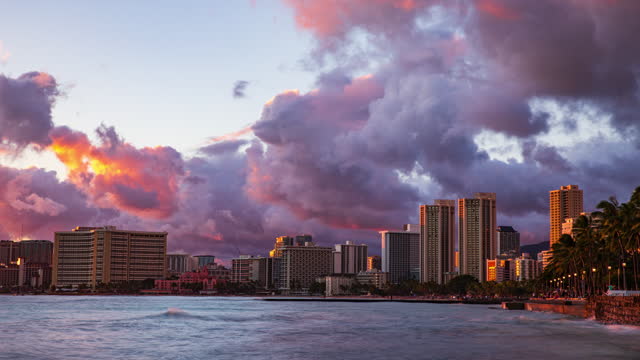 Timelapse of sun setting at Waikiki Beach cityscape with dramatic clouds rolling over