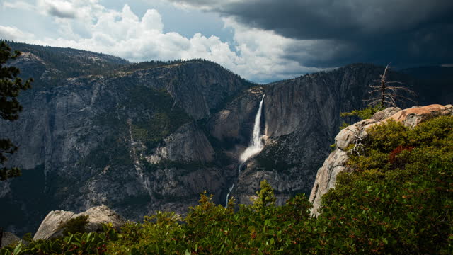 Time-lapse of storm forming over Yosemite Falls waterfall