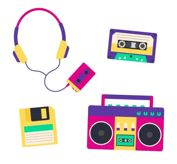 Vector illustration of 90s Music Elements. Set Of Isolated Objects. Vector Flat Illustration