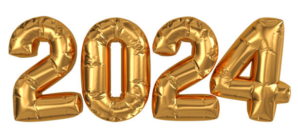 istock New Year 2024 design element. Isolated inflated golden balloon numbers. 3D rendering. 1676950653