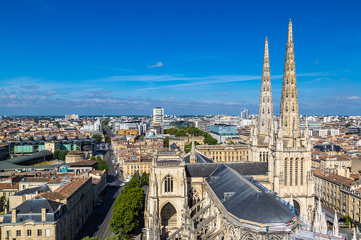 Panoramic aerial view of St. Andrew's Cathedral in Bordeaux in a beautiful summer day, France