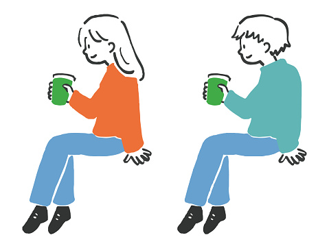 Hand drawn illustration set of woman and man sitting and drinking coffee (full body)