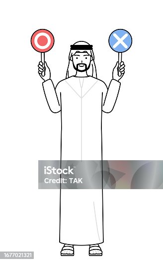 istock Muslim Man holding a placard indicating correct and incorrect answers. 1677021321
