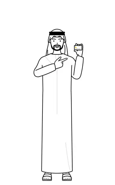 Vector illustration of Muslim Man recommending credit card payment.