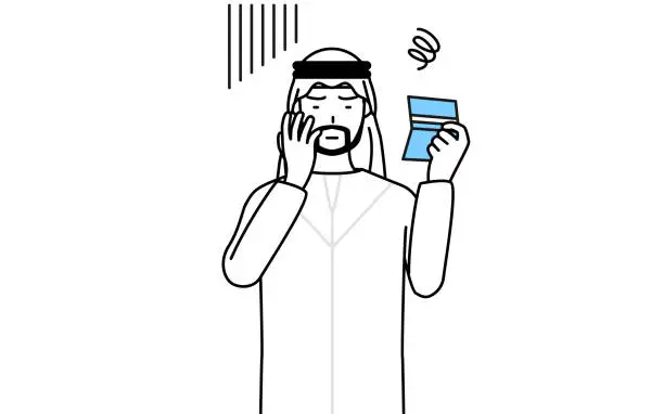 Vector illustration of Muslim Man looking at his bankbook and feeling depressed.