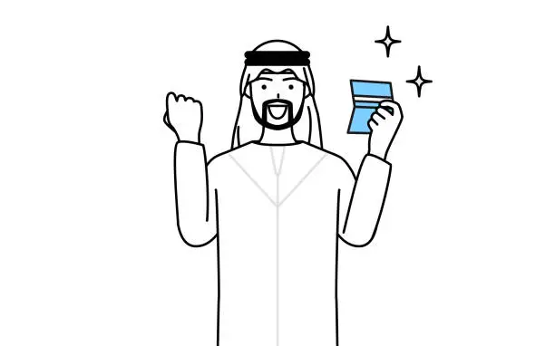 Vector illustration of Muslim Man who is pleased to see a bankbook.