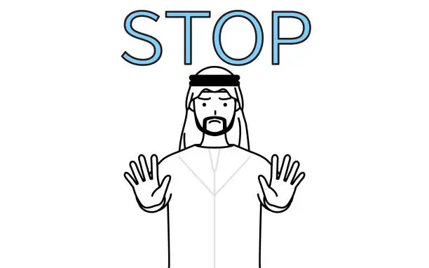 Vector illustration of Muslim Man with his hands out in front of his body, signaling a stop.