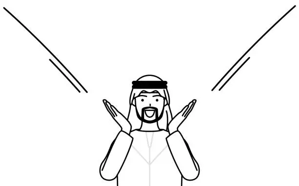Vector illustration of Muslim Man calling out with his hand over his mouth.