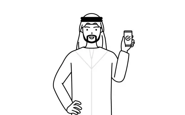 Vector illustration of Muslim Man using a smartphone at work.