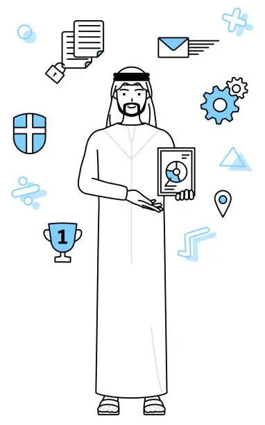 Vector illustration of Image of DX, Muslim Man using digital technology to improve his business