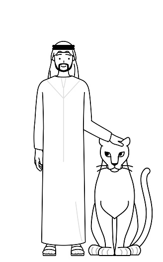Muslim Man is Petting a pet lioness