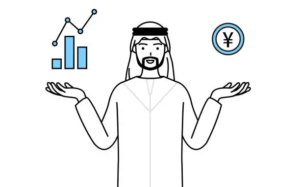 Vector illustration of Muslim Man guiding an image of DX, performance and sales improvement.