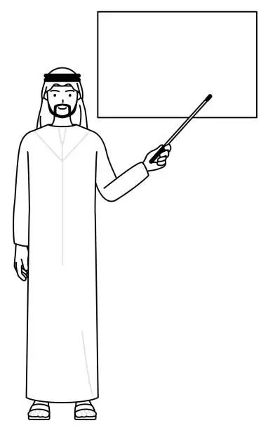 Vector illustration of Muslim Man pointing at a whiteboard with an indicator stick.