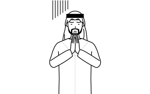 Vector illustration of Muslim Man apologizing with his hands in front of his body.