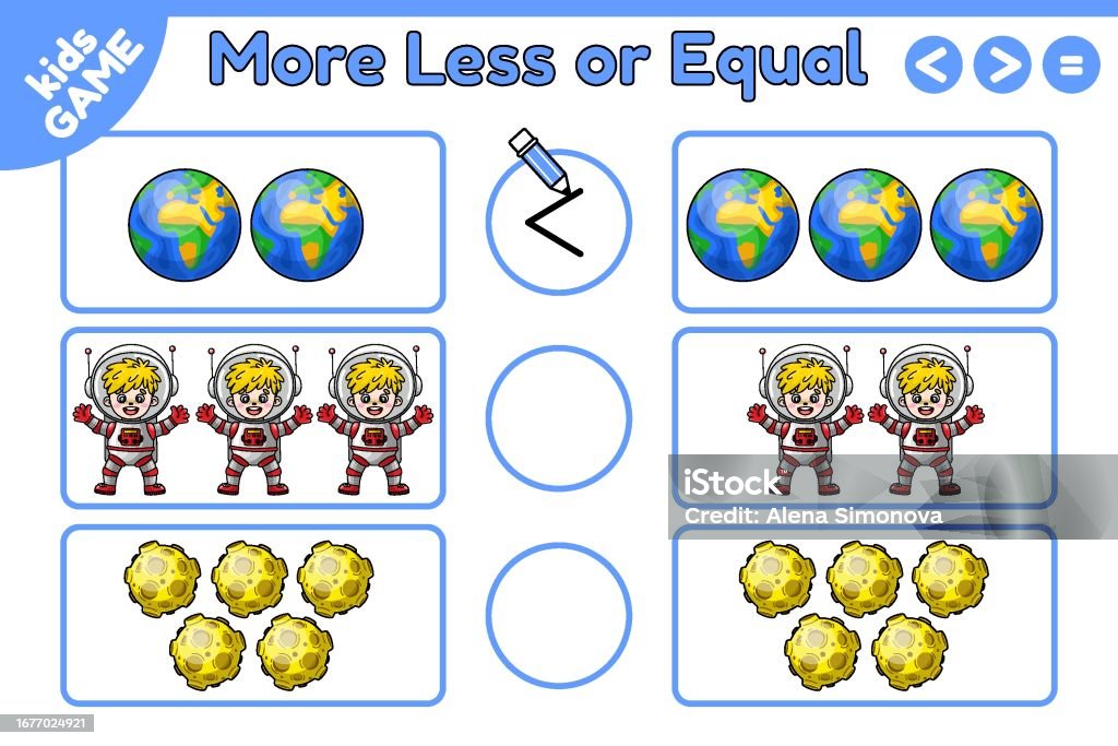 Math Game More Less Or Equal With Space Objects Stock Illustration ...