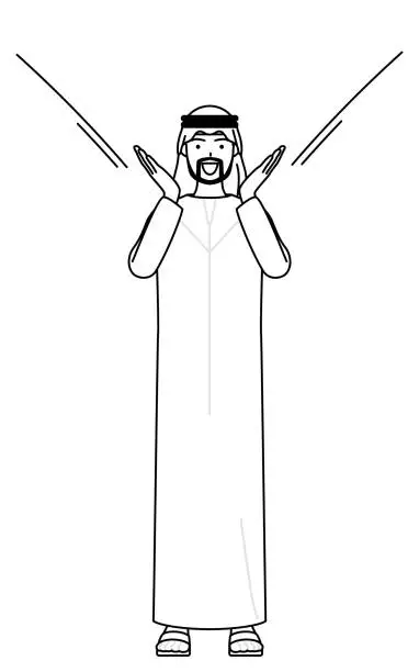 Vector illustration of Muslim Man calling out with his hand over his mouth.