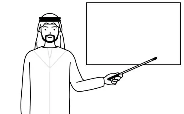 Vector illustration of Muslim Man pointing at a whiteboard with an indicator stick.