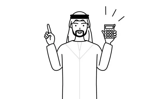 Vector illustration of Muslim Man holding a calculator and pointing.