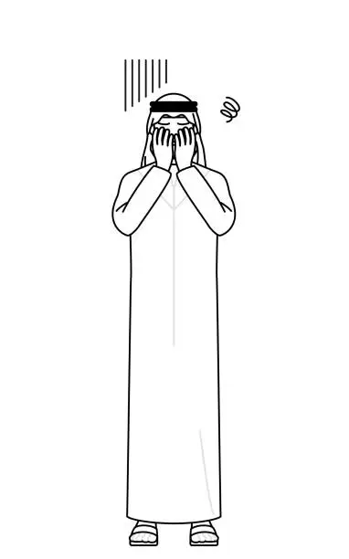 Vector illustration of Muslim Man covering his face in depression.